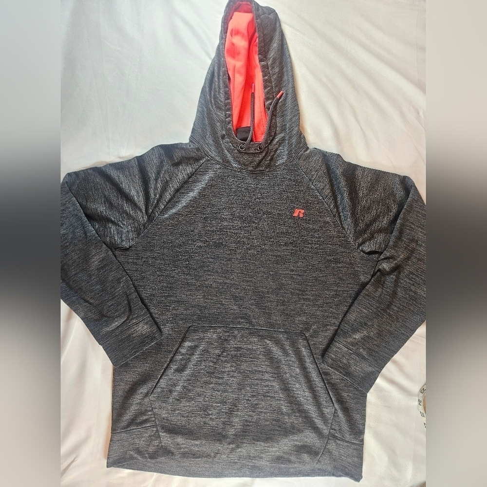Russell Mens Gray & Red Long Sleeve Front Pocket Pullover Hoodie Size Med 38/40 - Picture 1 of 11